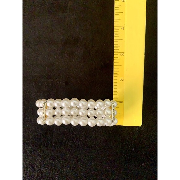 3 Rows Faux Pearl Rhinestone Stations Stretch Bangle Bracelet - Nice! - Picture 4 of 4